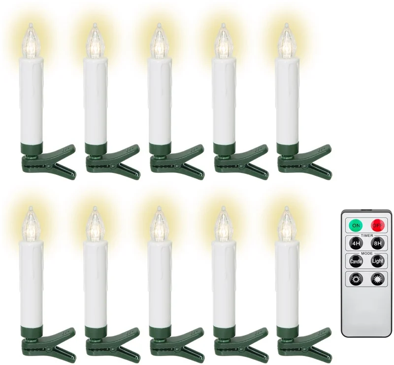 Goobay 10 kabellose LED-Weihnachtsbaumkerzen - mit Klemmen, Fernbedienung und Timerfunktion, dimmbar, warmweiß (2600 K)