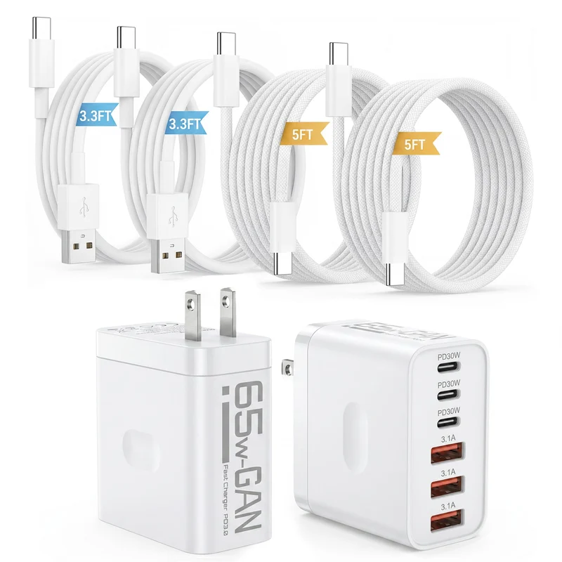 2 Pack 65W Multiport USB C Charging Block,6Port Charger Station Wall Plug