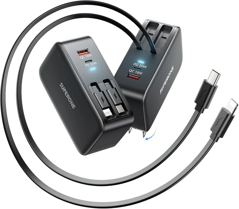 SUPERONE Retractable Wall Charger with USB C & Apple Fast Charging Cables