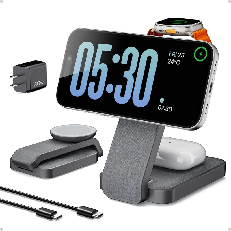 Eddibox 3 in 1 Nightstand Wireless Charging Station for MagSafe, Bedside Magnetic Charger Stand for iPhone 17 16 15 14, Foldable