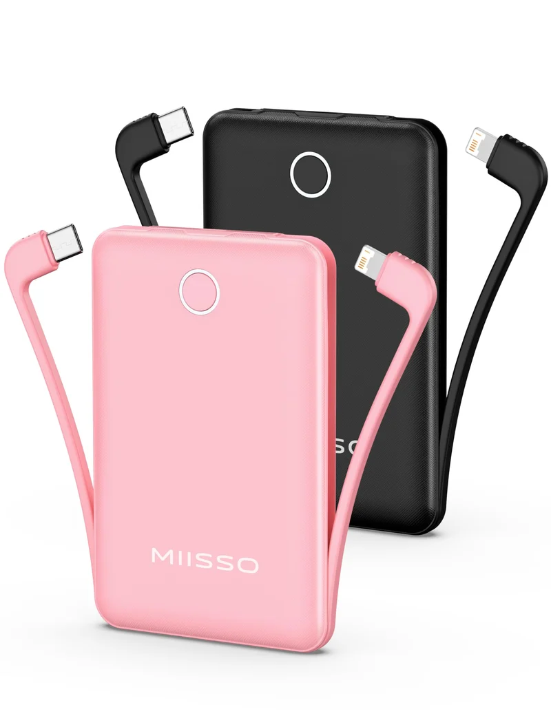 10000mAh Mini Portable Charger with Built in Cable, 2 Pack Black & Pink