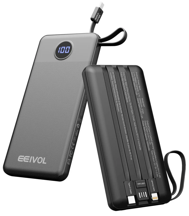 EEIVOL Portable Charger Built in 4 Cables, 10000mAh Power Bank, Black
