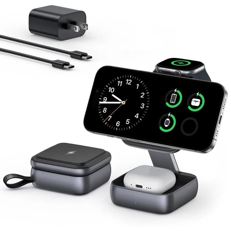 UEQ 3 in 1 Wireless Charging Station for Apple Devices,Foldable Fast Travel Magnetic Wireless Charger,Compatible with MagSafe Ch