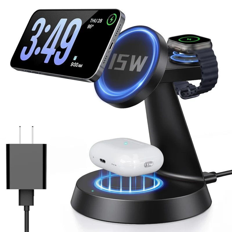 iPhone Charging Station 3 in 1 Wireless Charger for Apple Devices, 15W MagSafe Stand Compatible with iPhone 17 16 15 14 13 12 Pr