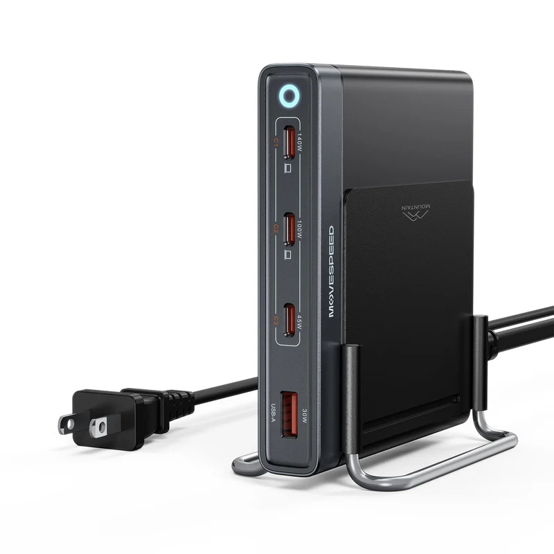 MOVESPEED 165W 4 Port Slim GaN Charging Station, 140W Single Port USBC Fast Charger with Detachable 5ft Cable & 2 Stands for La