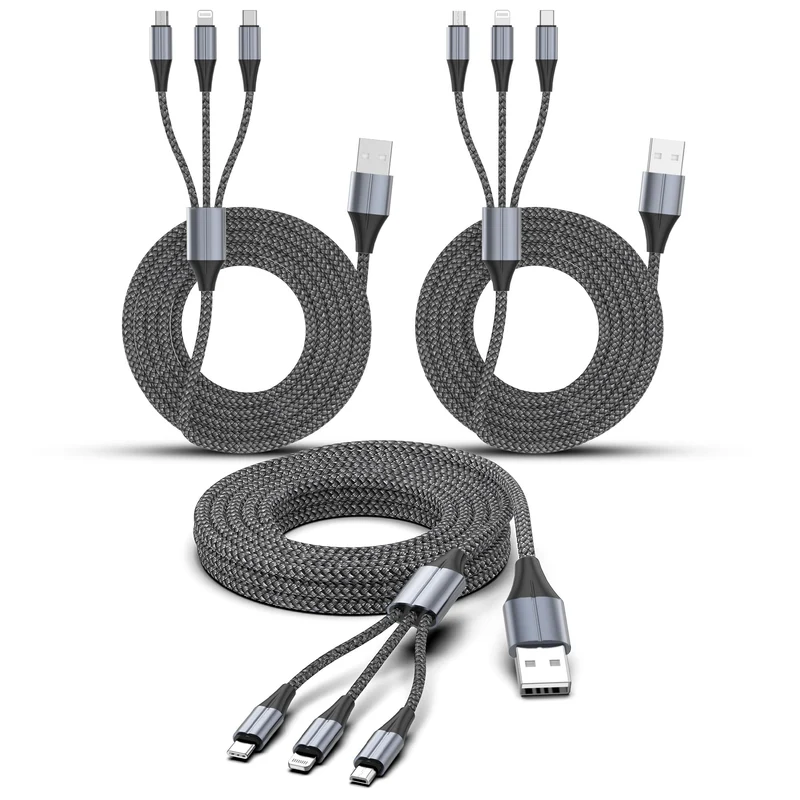 FEEL2NICE 3 in 1 Multi Charging Cable, 3Pack 6 FT Multiple Device Charger Cord with USB C, Lightning and Micro USB Plugs for iP