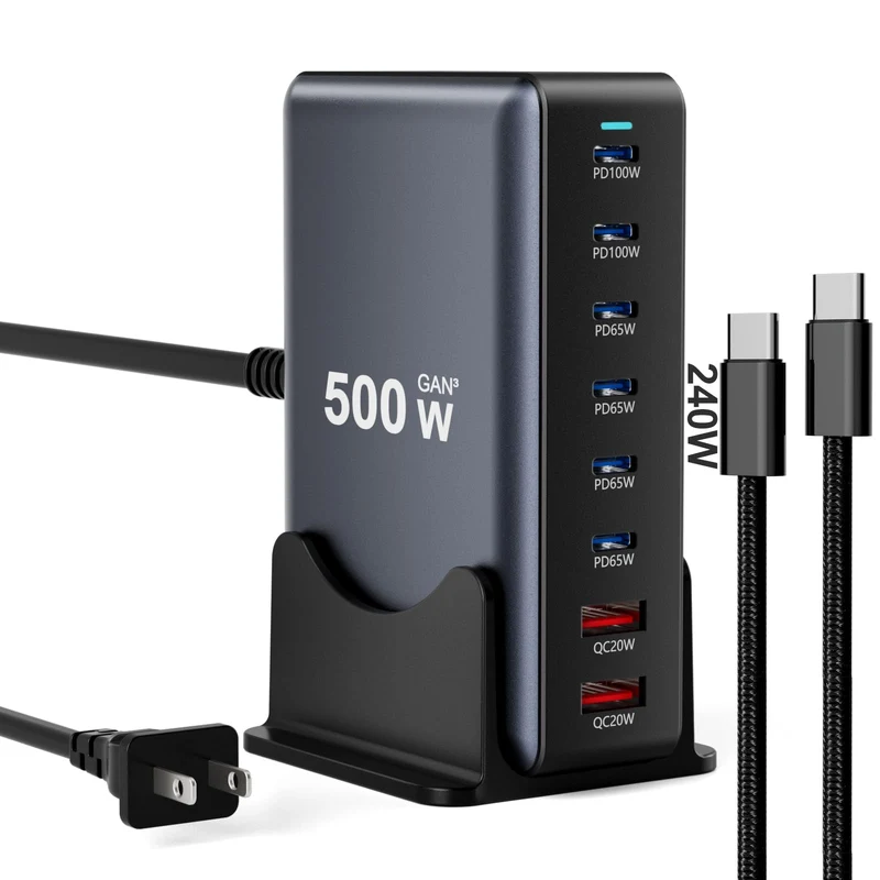 500W Fast Charging 8 Port USB C Charger Block with Nylon Fast Charging Cable, MultiDevice Charging Station Wall Desktop Charger