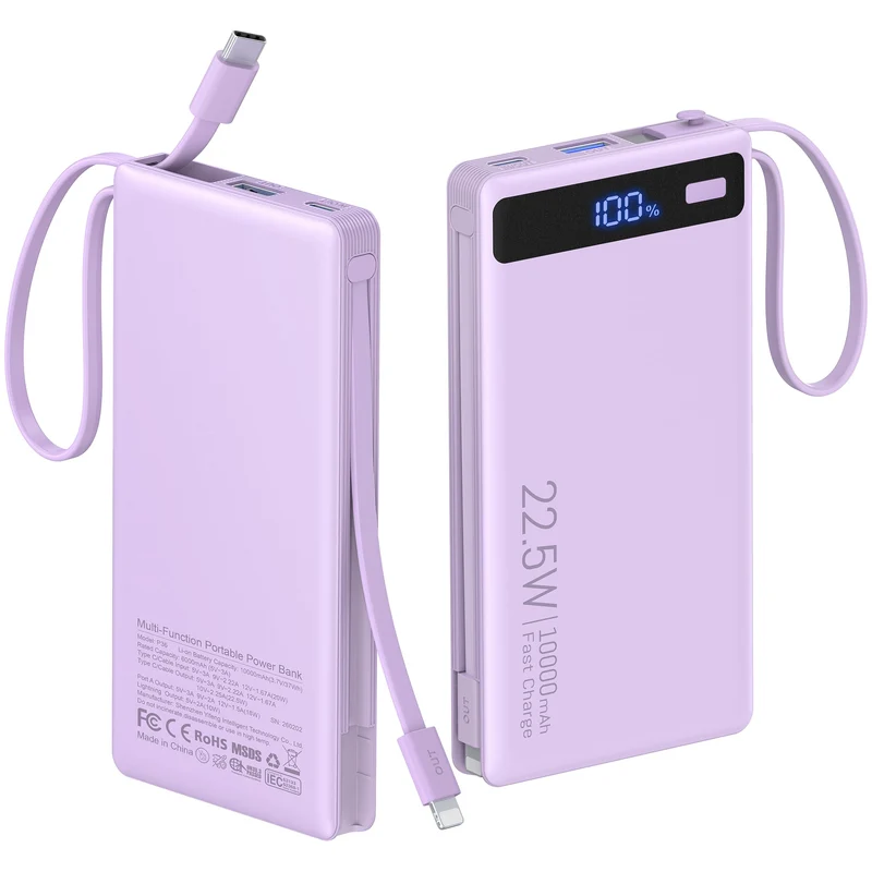 Portable Charger 10000mAh Builtin 2 Cables,22.5W PD 40% Thinner Power Bank