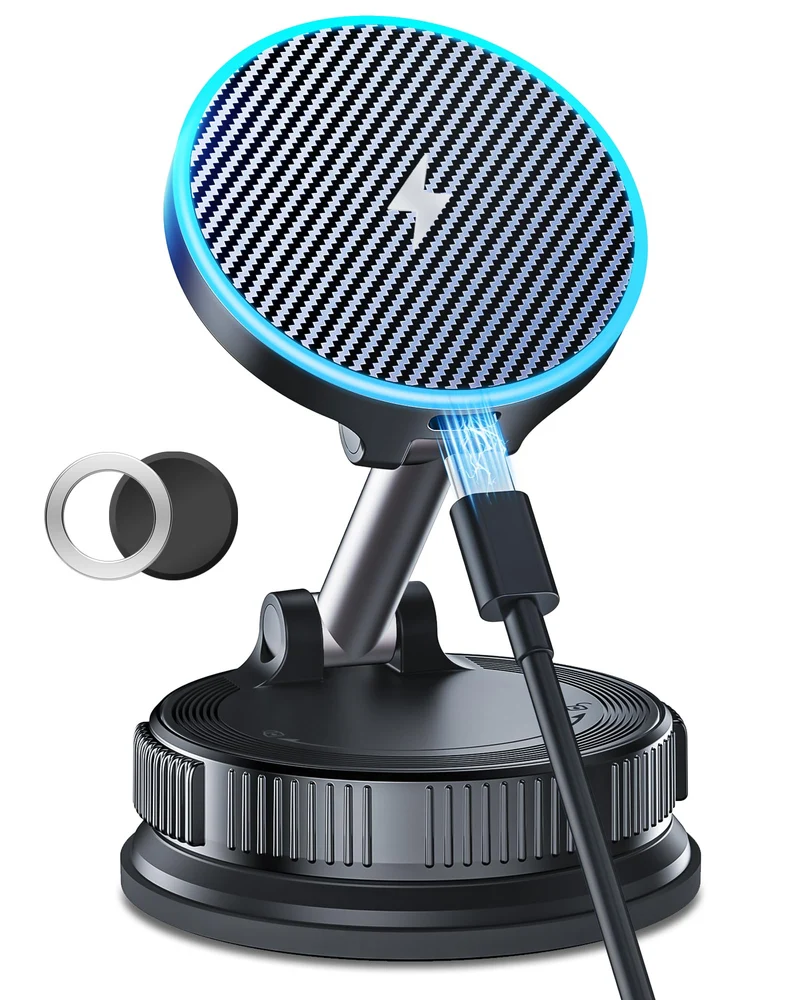 15W MagSafe Car Mount Charger, Magnetic Wireless Car Charger with Vacuum Suction Cup & Nano Adhesive Base, 360 Rotatable Strong