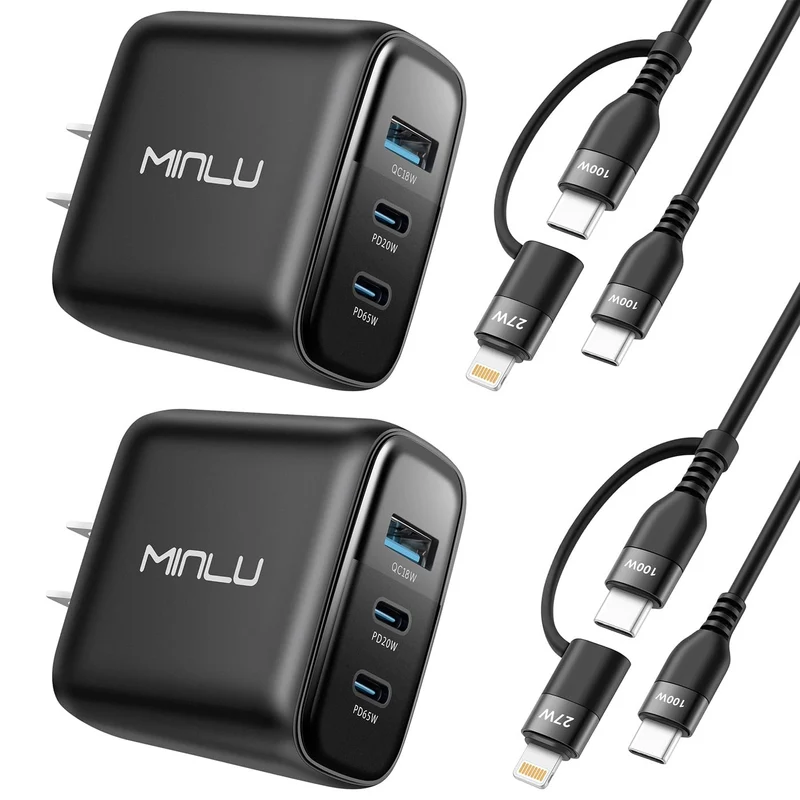 65W USB C Charger Block, MINLU GaN 3Port Compact Fast PPS Wall Charger with 100W 2 in 1 USBC to C/L Cable,Fast Charging for Ma