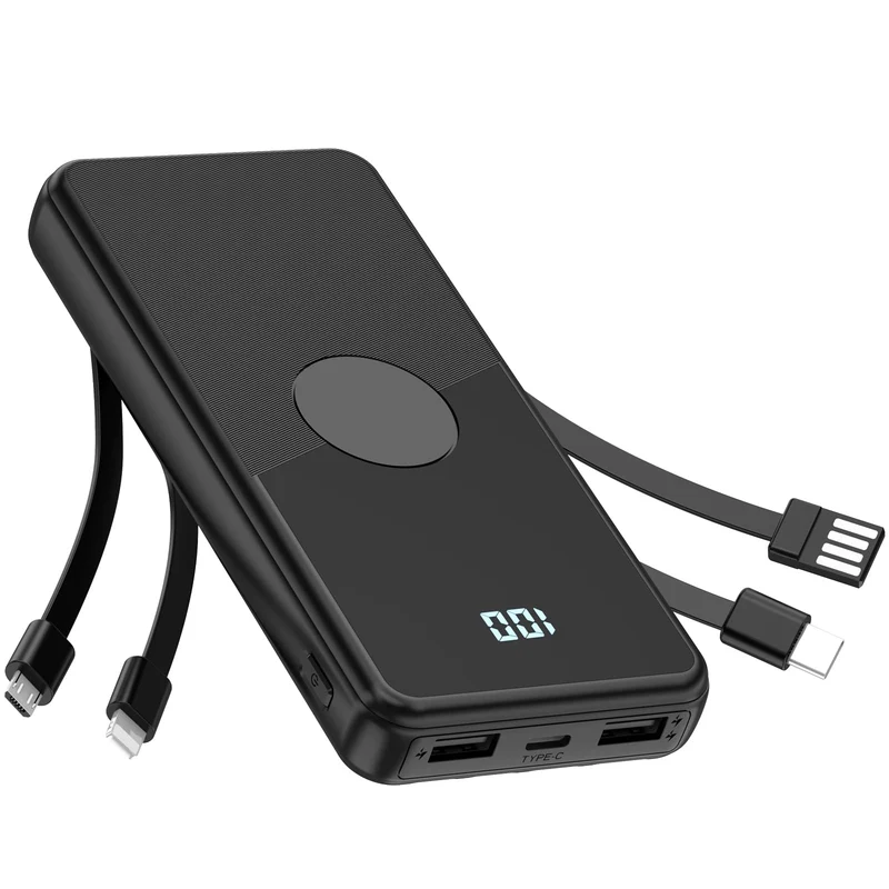 TXQX Portable Charger with Built in Cables,High Speed Power Bank 10000mAh Travel Battery Pack 5 Outputs 3 Inputs Portable Phone