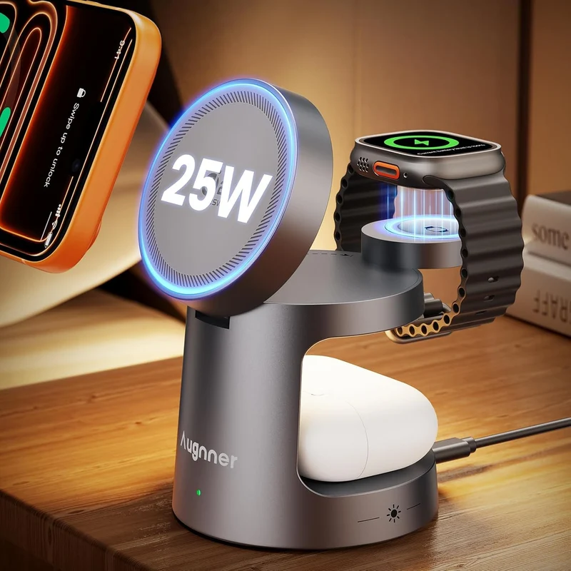 Qi2.2 25W 3 in 1 Charging Station for Apple Compatible with MagSafe Foldable Wireless Charger, Magnetic Charger with Night Light