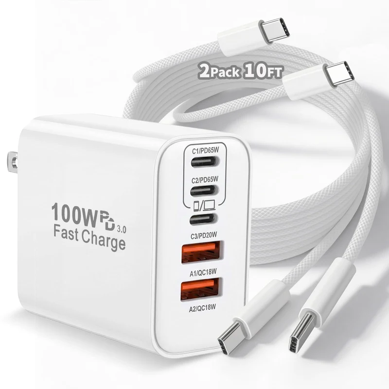 100W USB C iPhone 17 16 15 Charger Fast Charging,2Pack 10Foot Type C Woven Cable and 1Pack 5Port i Phone Charger Fast Chargin