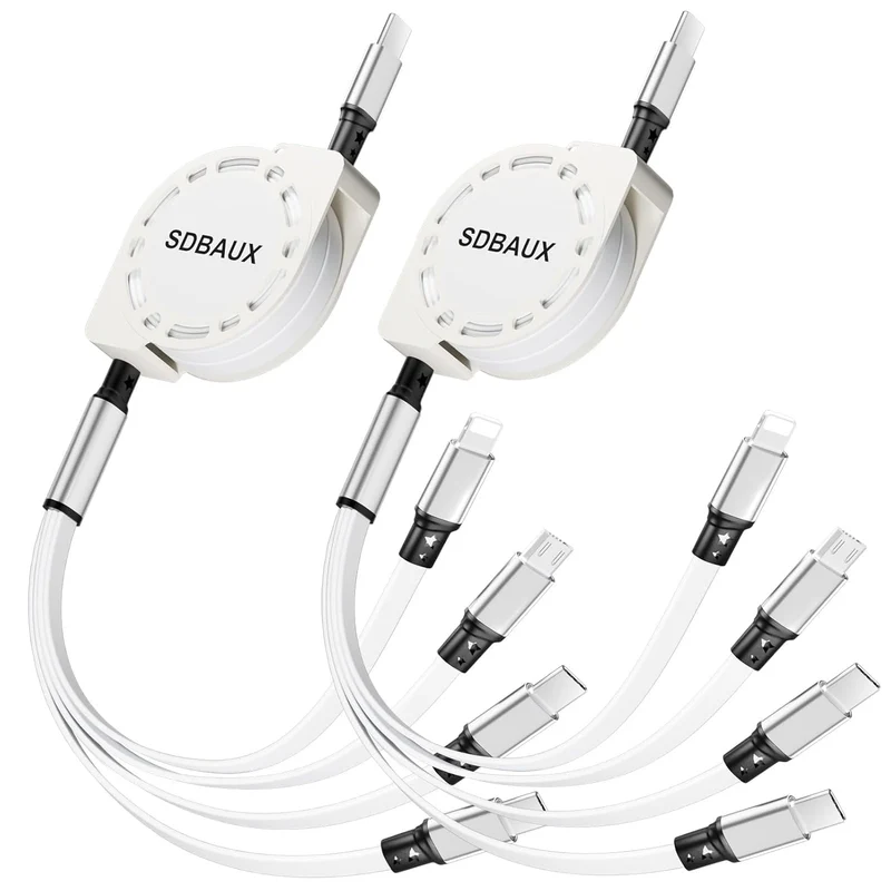 SDBAUX Multi Charging Cable,USB C to 4 in 1 Retractable Lightning/Micro/Dual Type C Port Fast Charger Cord for iPhone 17 16 15 1