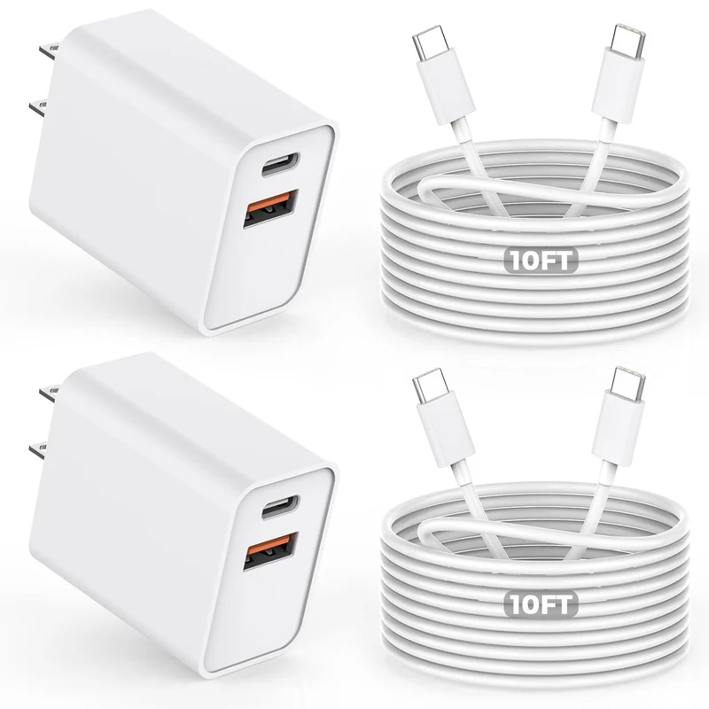 10FT iPhone 17/16e Fast Charger,2Pack 20W Dual Port USB C+A Power Adapter 10Foot Long USB C to C Fast Charging Cable Cord Quick