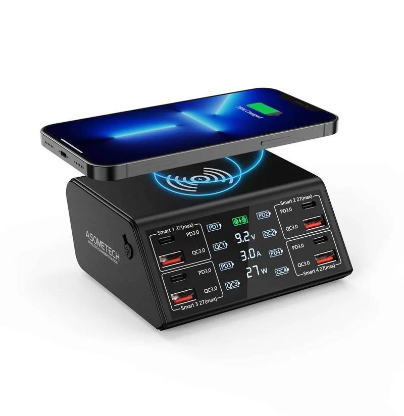 USB Charger, ASOMETECH 100W 8 Port Multiple USB Charging Station with 4 Quick Charge 3.0, 4 USB C PD Port, Wireless Charger, LCD