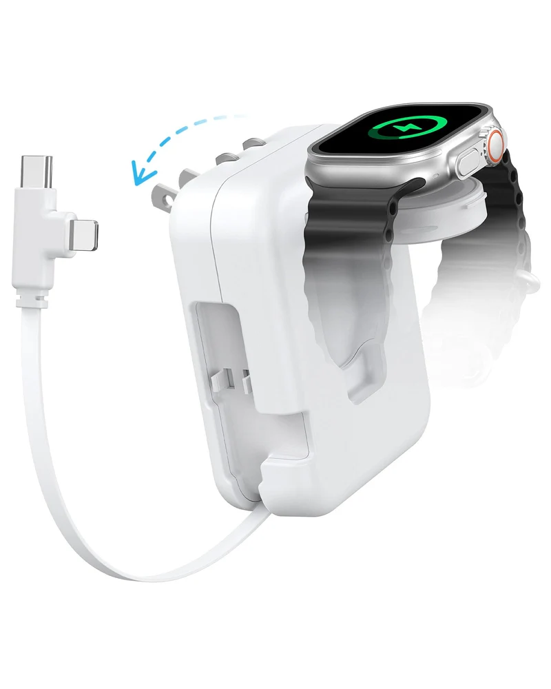 36W 3 in 1 Retractable Charger, Fast Charging Block with Builtin iWatch Charger Stand, Portable Travel Wall Charger for iPhone