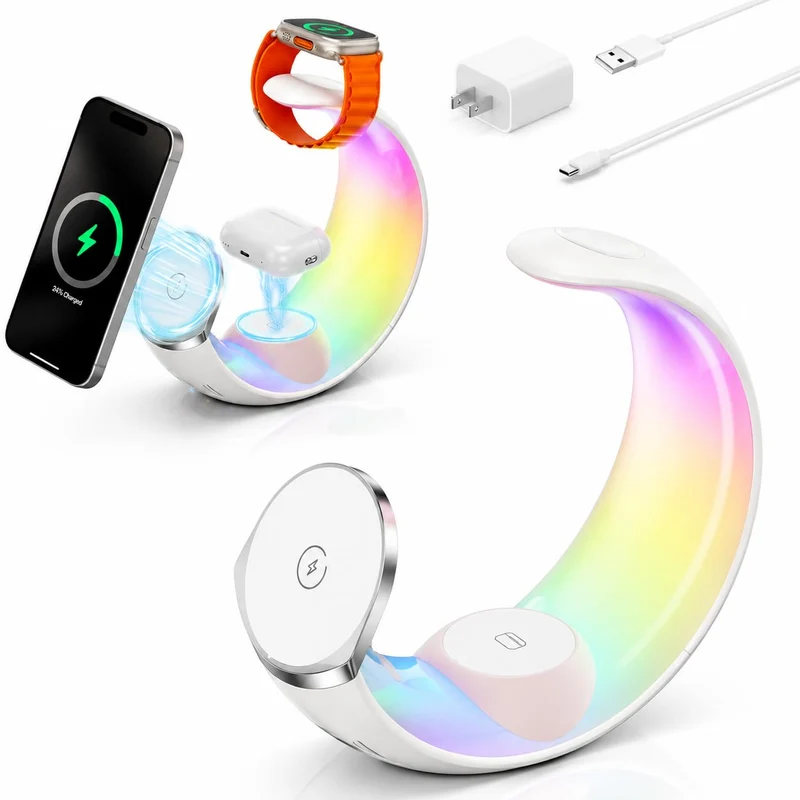 4in1 Magnetic Wireless Charger, RGB Night Light Moon Stand for iPhone