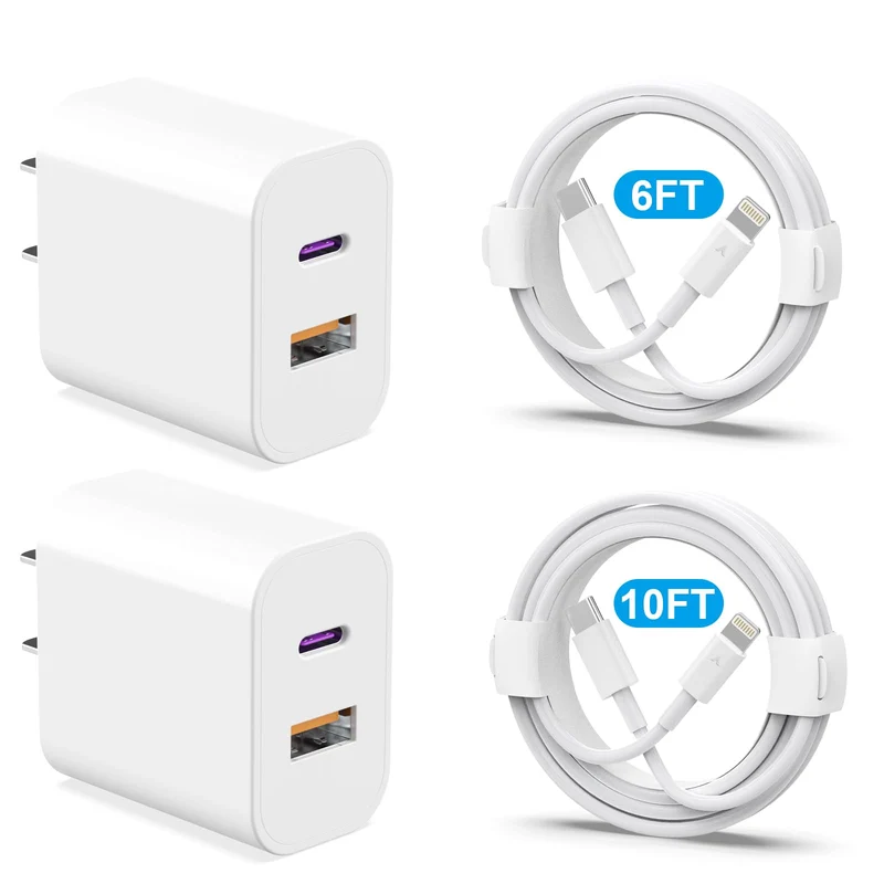 20W Dual Port Fast Charger Block 2Pack with 6FT & 10FT MFiCertified Cables, PD/QC3.0 Quick Charge Adapter for iPhone 14/13/12/