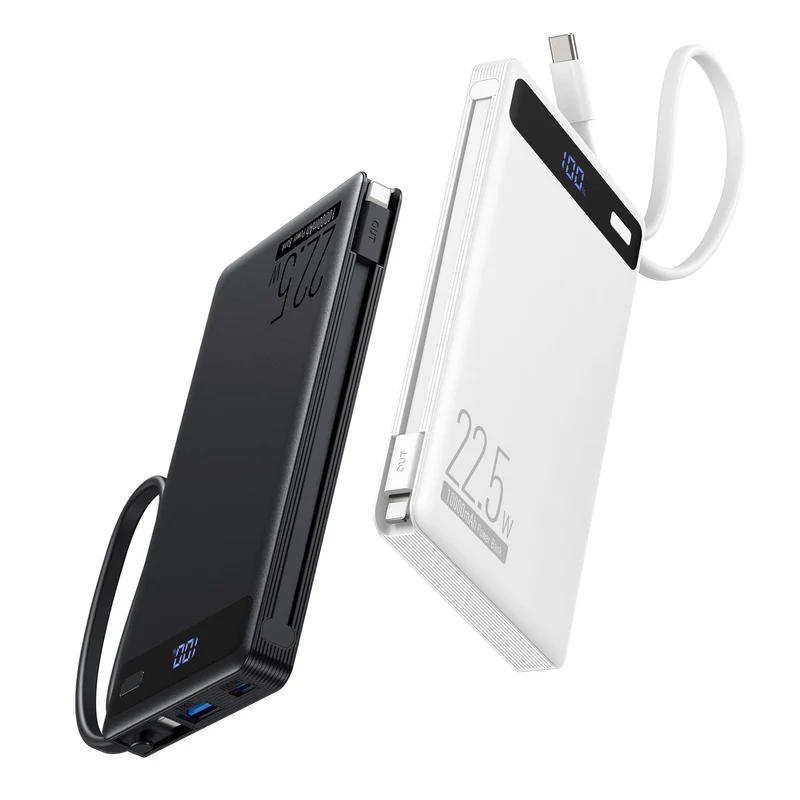2Pack10000mAh 22.5W Portable Charger Power Bank,Builtin Cables,WH&BLK