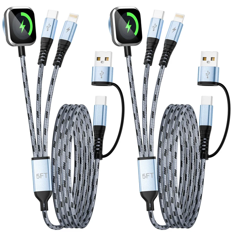 Jogrytece Multi Charging Cable, 5FT 2Packs 3 in 2 Chargers for Multiple Devices, Travel Essentials USB A&C/TypeC/IP Cord Compat