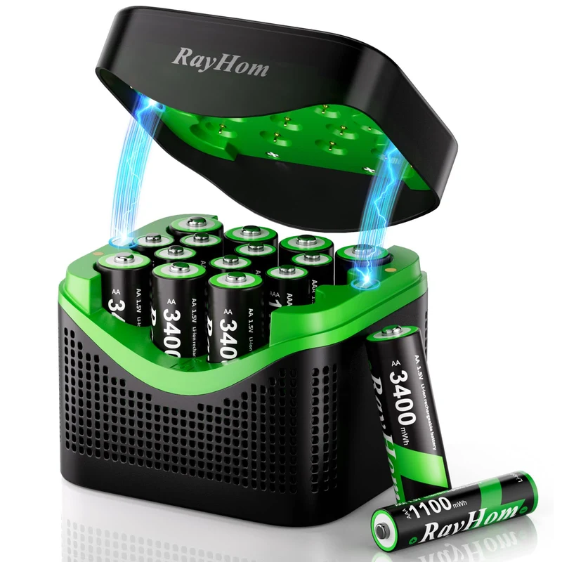 Rechargeable 8AA and 8AAA Lithium Batteries with 16 Slot Liion Charger
