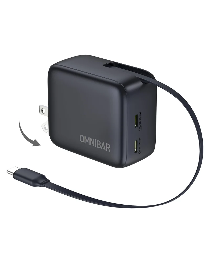 Omnibar USB C Retractable Wall Charger, 67W Max GaN Fast Charging Block