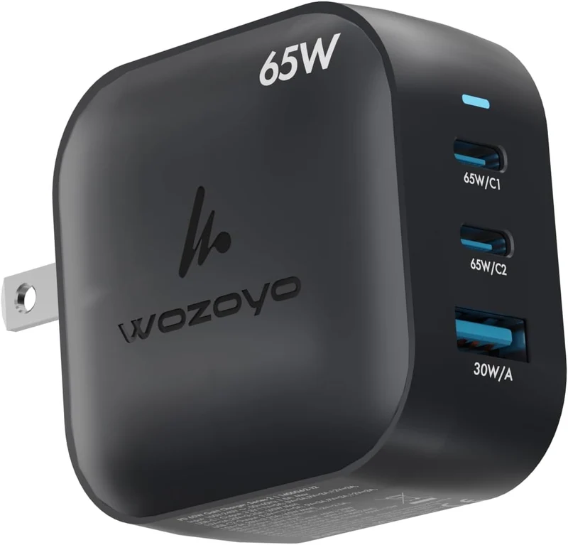 65W GaN Charger, Wozoyo 2XTypeC & USBA Superfast 2.0 Charging, Compatible for iPhone 17/16/16 Pro Max/15 Series/iPad Pro, Smar