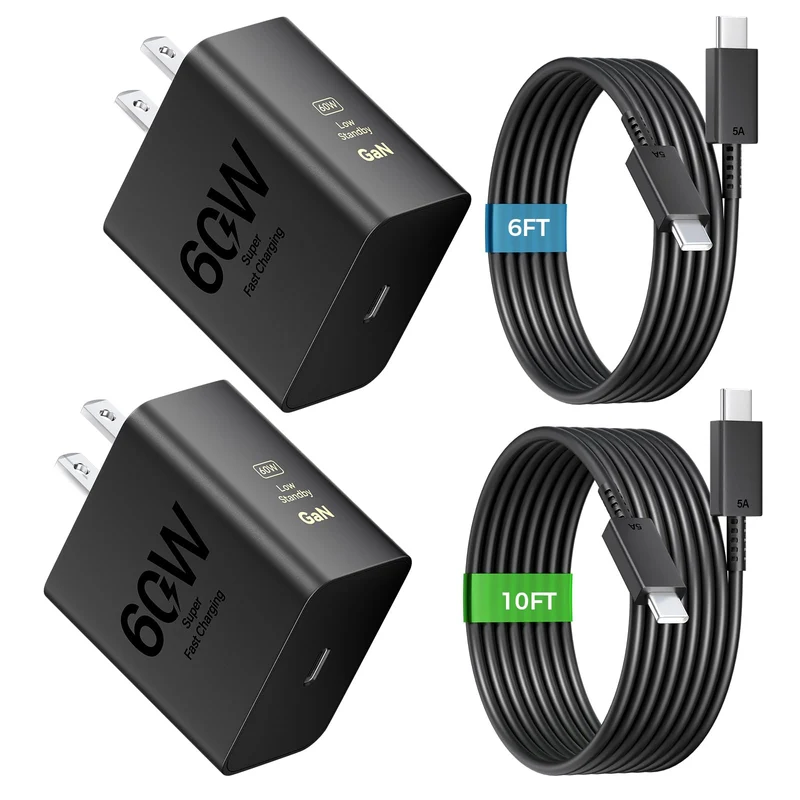 60W Super Fast Charger USB C, Type C Charger Fast Charging Android Phone Charger Block with 10FT+6FT USB C Chargers Fast Chargin