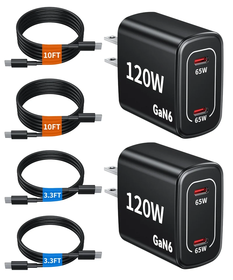 120W Fast Charger USB C 2 Pack 65W PD Dual Port GaN Type C Charging Block