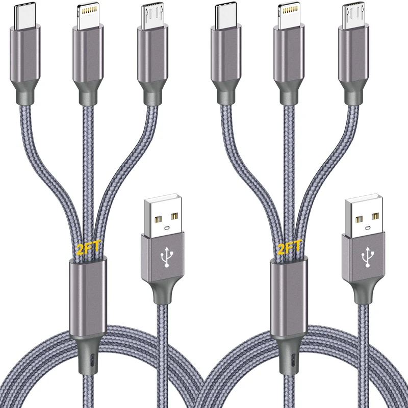 Short Multi Charging Cable 2ft 2Pack,3 in 1 USB Multiple MFi Charger cord