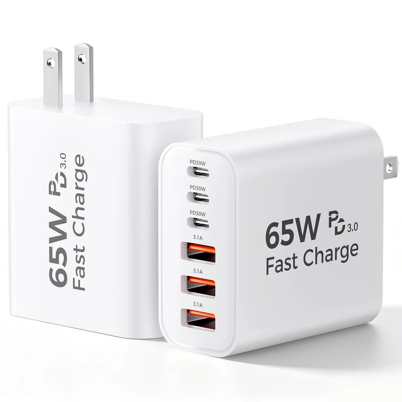 65W GaN USB C Charger Block, 6Port USBC Wall Charger Plug (2Pack)