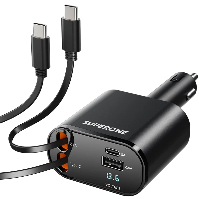 SUPERONE Retractable USB C Car Charger, 69W 4in1 Fast Charging Adapter