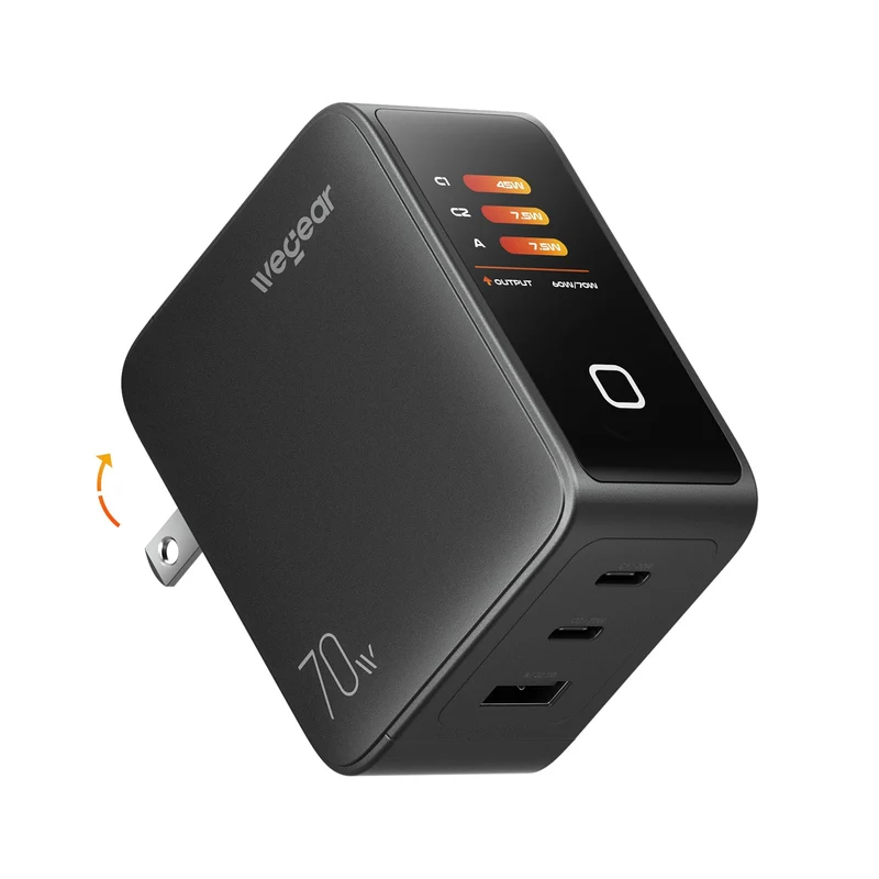 wegear 70W GaN USB C Charger Block with Smart Display & Touch Control, 3Port PD3.0 Fast Wall Charger, Foldable Plug Power Adapt