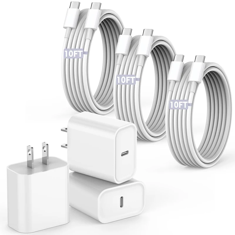 10FT Fast Charging Cord for iPhone 17 16e 15,3Pack Extra Long 10Foot USB C to Type C Charger Cable 20W USBC Charger Block Cube S