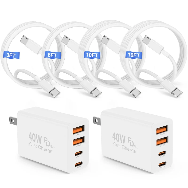 40W USB C Charger Block, Dual USB C & USB Port Charger Fast Charging Plug/3+6+10+10ft Long Type C to C Cable Cord for Apple iPho