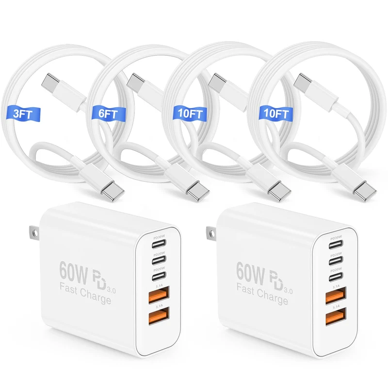 60W USB C Charger Block, 3USB C & Dual USB Port Charging Plug/3+6+10+10ft Type C Cable Cord Long, USB Type C Adapter for Apple i