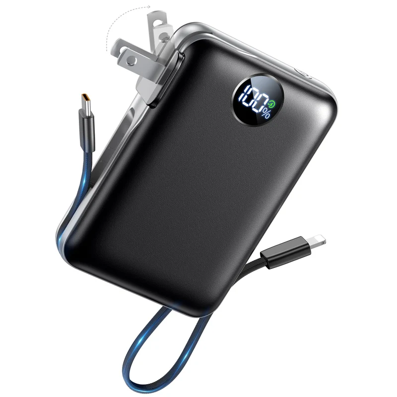Portable Charger Power Bank 10000mAh, 45% Smaller Builtin Cables & AC Plug