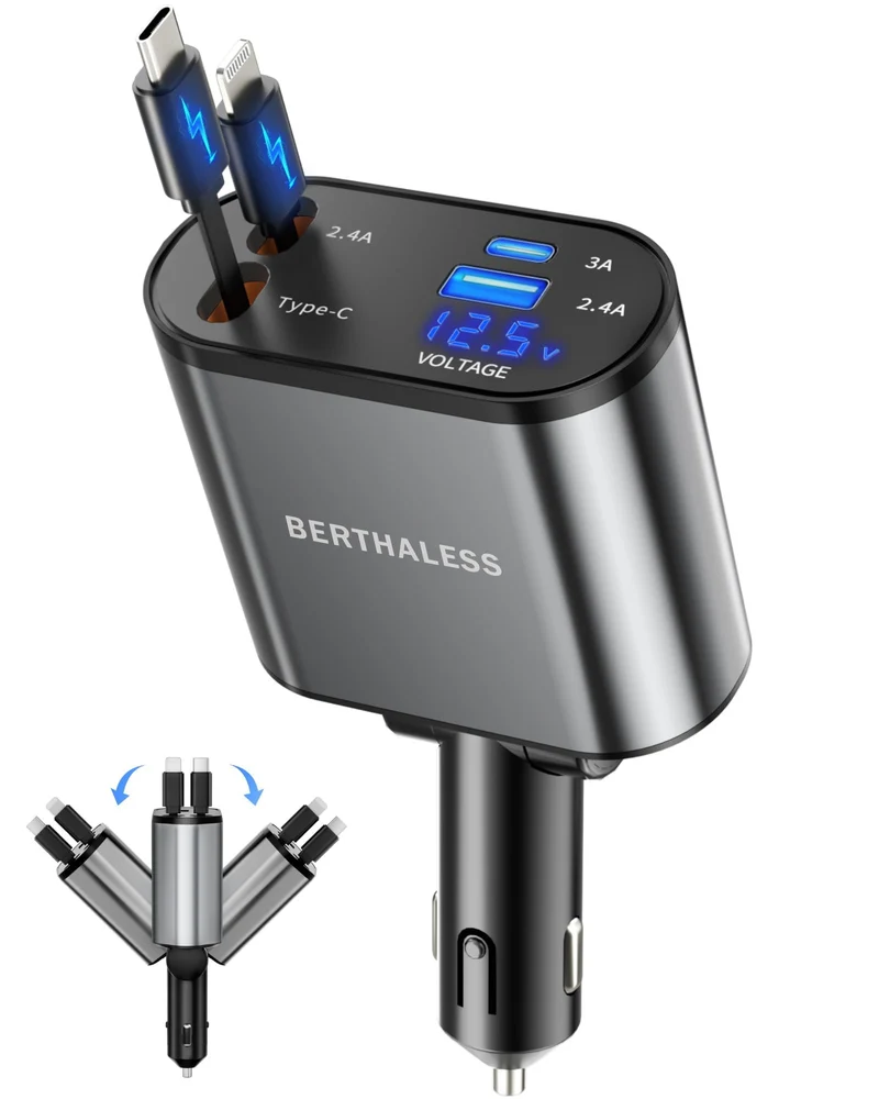 Retractable Car Charger,4 in 1 Fast Charging Car Charger with USBC & USBA