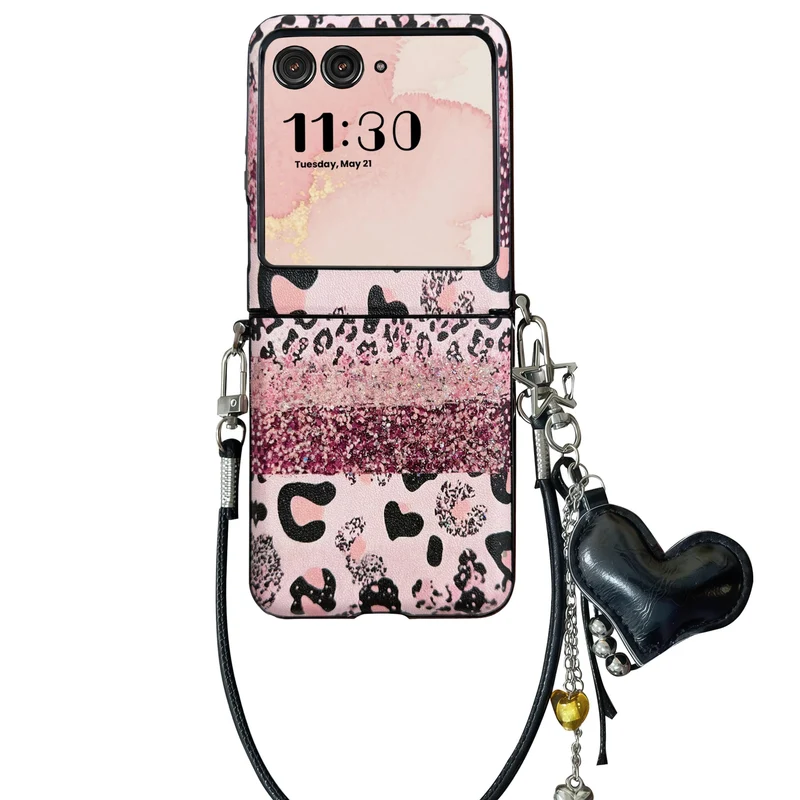 Pink Leopard Print Cute Case for Motorola Razr 2026/2025/2024 with Strap