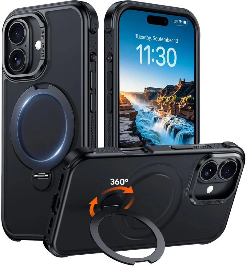 Red2Fire Compatible with iPhone 16 Case with Stand Magnetic 360 Spin ORing Kickstand, Translucent Matte MilitaryGrade Phone Ca