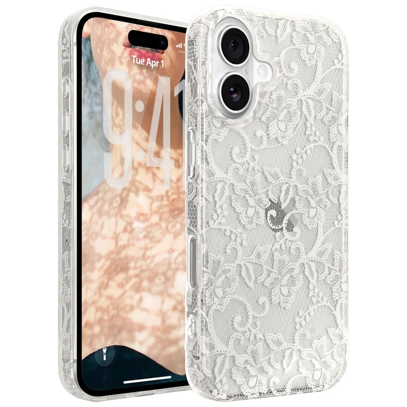 LFADNUT for iPhone 17 Case Lace Clear Vintage Flower,Light White