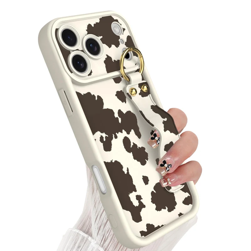 Jefonha Cute for iPhone 17 Pro Max Case with Strap Stand, Brown Milk Cow