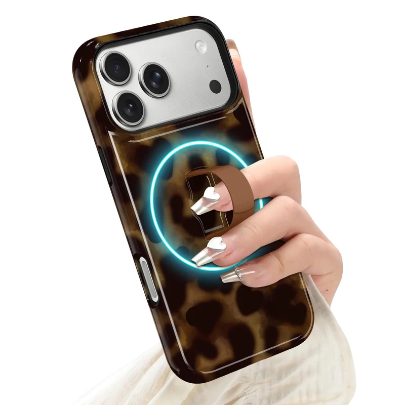 Jefonha Magnetic for iPhone 17 Pro Case with Strap Stand, Amber Leopard