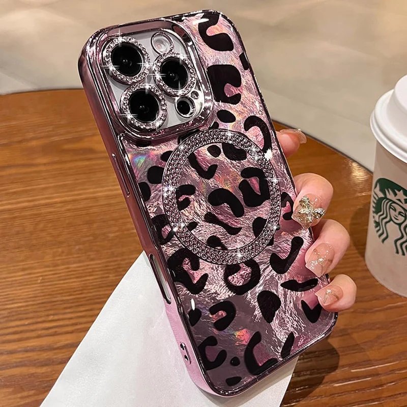 ZinLyuen Magnetic Case for iPhone 15 Pro Max Case Leopard Cheetah Print Compatible with MagSafe Diamond Glitter Phone Case Cover