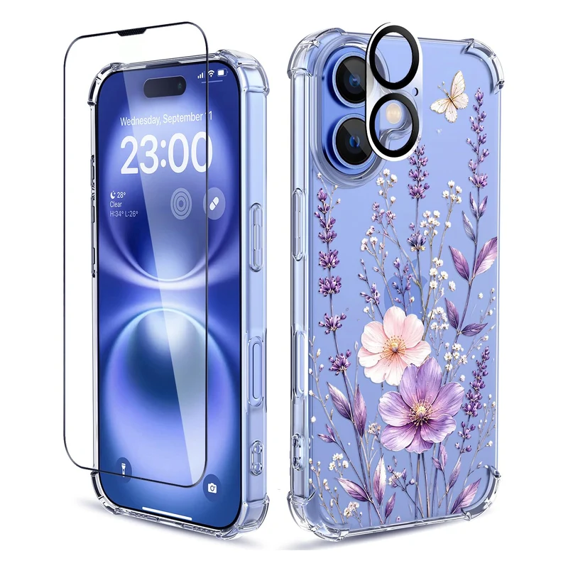 ilnehc for iPhone 16 Case, 3 in 1 Screen & Lens Protectors, Floral Cover