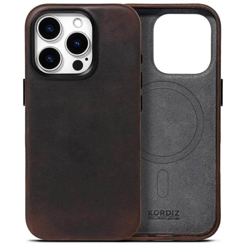 KORDIZ Handcrafted Crazy Horse Leather Case for iPhone 16 Pro, Compatible with MagSafe, Vintage Aesthetic, Unique Patina, Camera