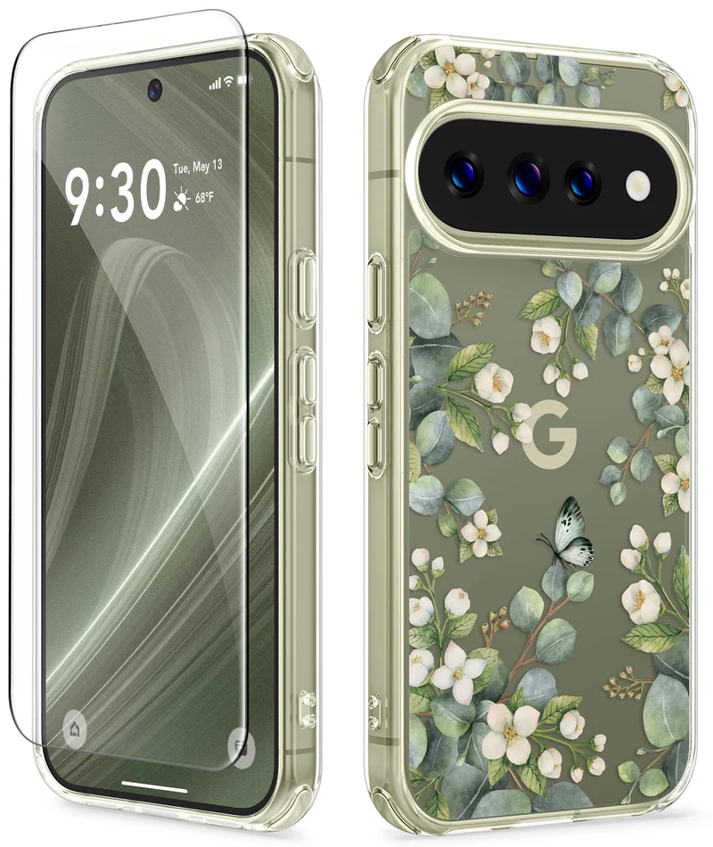 GVIEW for Google Pixel 11/Pixel 11 Pro Case Clear Floral, Prunus/Green