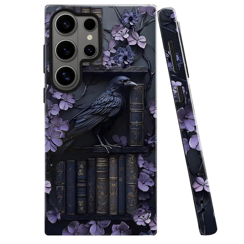 TnXee Case for Samsung Galaxy S26 Ultra,Purple Floral Crow Bookshelf Phone Case Drop Resistant Glossy 2 in 1 Solid DualLayer Co