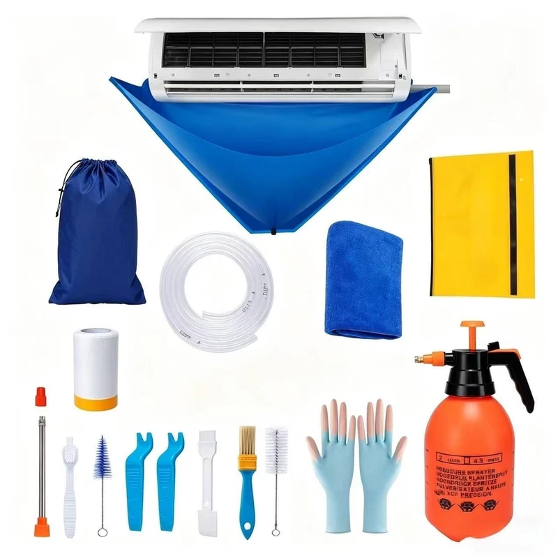17Pcs Mini Split Cleaning Kit with 2L High Pressure Sprayer, Waterproof PVC AC Cleaning Cover Bag & HVAC Tools, Reusable Fits 27